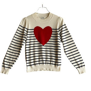 J Crew Women Puff-Sleeve Valentine Red Heart Sweater M Preppy Twee Academia